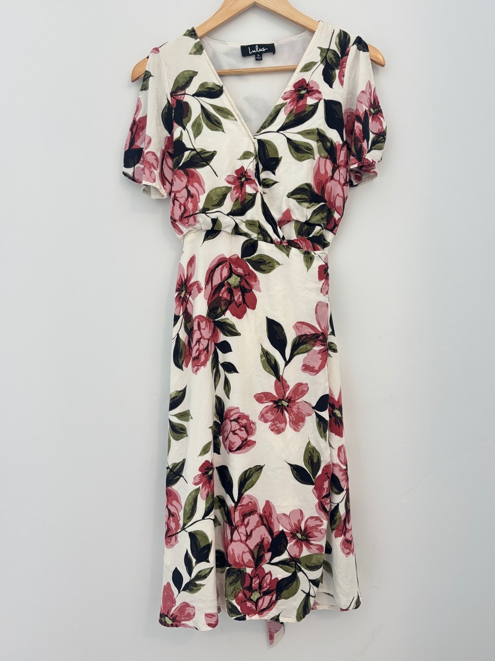 Lulu's Maretta Cream Floral Wrap Midi Dress - Pink & Green Print, Small